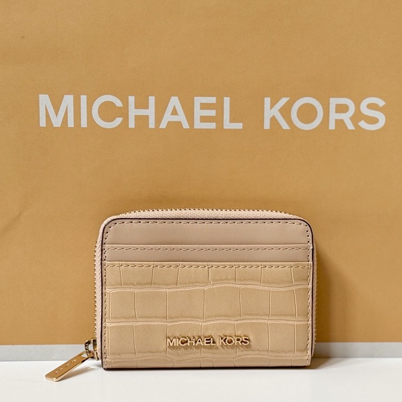 Michael Kors Jet Set Travel Card Case Wallet Exotic Embossed Buff - Picture 1 of 10